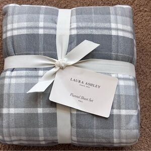 Laura Ashley Full Sheet Set, Cotton Flannel Bedding, Mulholland Plaid Grey, Full